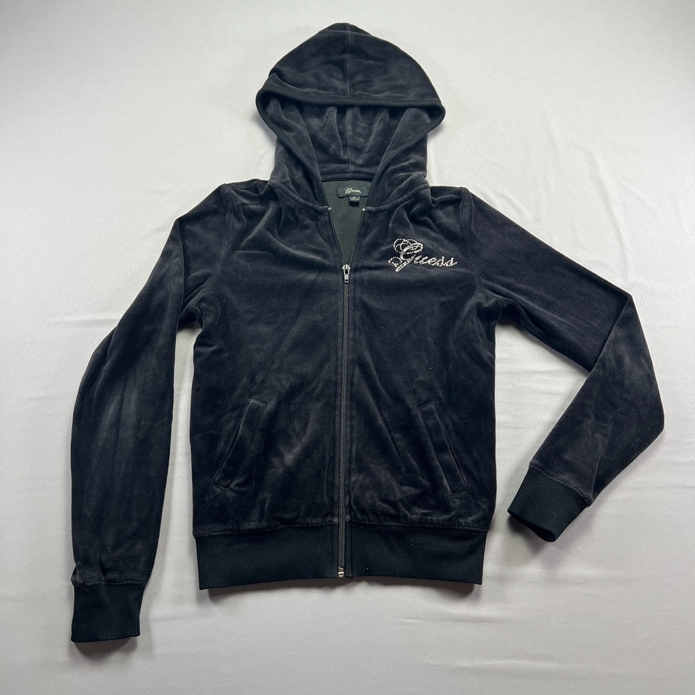 Guess Velour Hoodie Kids Small Black Rhinestone Logo Cotton Ribbed Long Sleeve